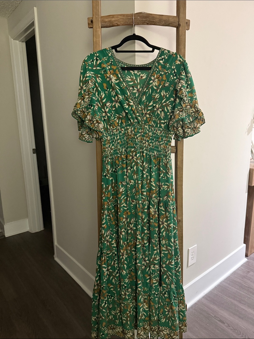 Max Studio Green Floral Maxi Dress with Mustard and White Accents